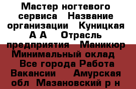 Мастер ногтевого сервиса › Название организации ­ Куницкая А.А. › Отрасль предприятия ­ Маникюр › Минимальный оклад ­ 1 - Все города Работа » Вакансии   . Амурская обл.,Мазановский р-н